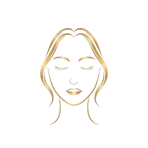 Ilustração ornamental dourada de rosto feminino com áreas de queixa cervicofacial